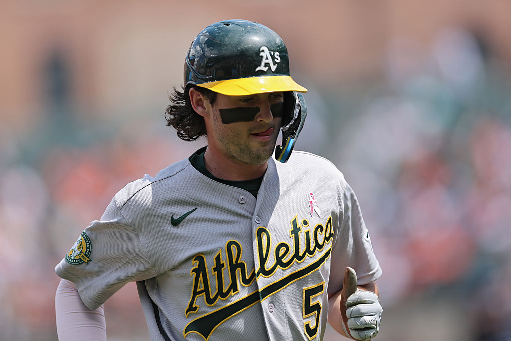 BALTIMORE, MARYLAND - MAY 10: Jacob Wilson #5 of the Athletics looks on against the Baltimore Oriol...