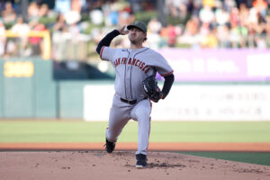 SACRAMENTO, CALIFORNIA - MAY 15: Tyler Mahle #54 of the San Francisco Giants pitches against the Athletics during the first inning at Sutter Health Park on May 15, 2026 in Sacramento, California. (Photo by Scott Marshall/Getty Images)