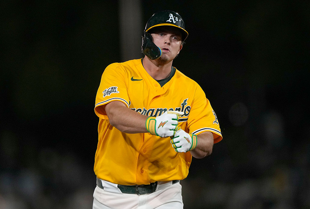 SACRAMENTO, CALIFORNIA - MAY 30: Nick Kurtz #16 of the Athletics trots around the bases after hitti...