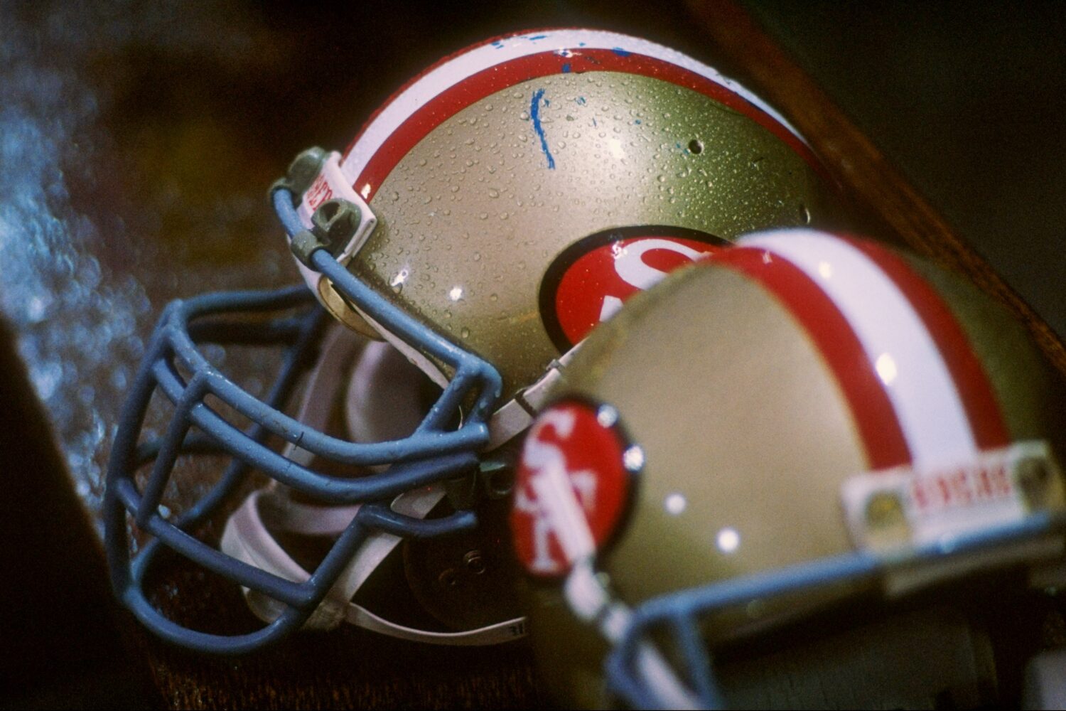 General view of the helmets worn by the San Francisco 49ers....