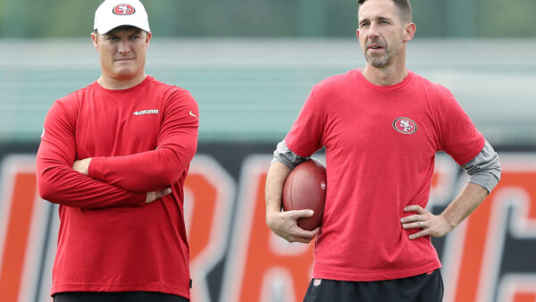 CORAL GABLES, FLORIDA - JANUARY 29: Head coach Kyle Shanahan of the San Francisco 49ers (R) talks with general manager John Lynch during practice for Super Bowl LIV at the Greentree Practice Fields on the campus of the University of Miami on January 29, 2020 in Coral Gables, Florida. (Photo by Michael Reaves/Getty Images)