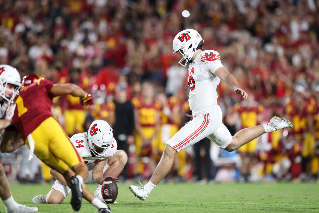 LOS ANGELES, CALIFORNIA - OCTOBER 21: Cole Becker #36 of the Utah Utes kicks a field goal to win th...