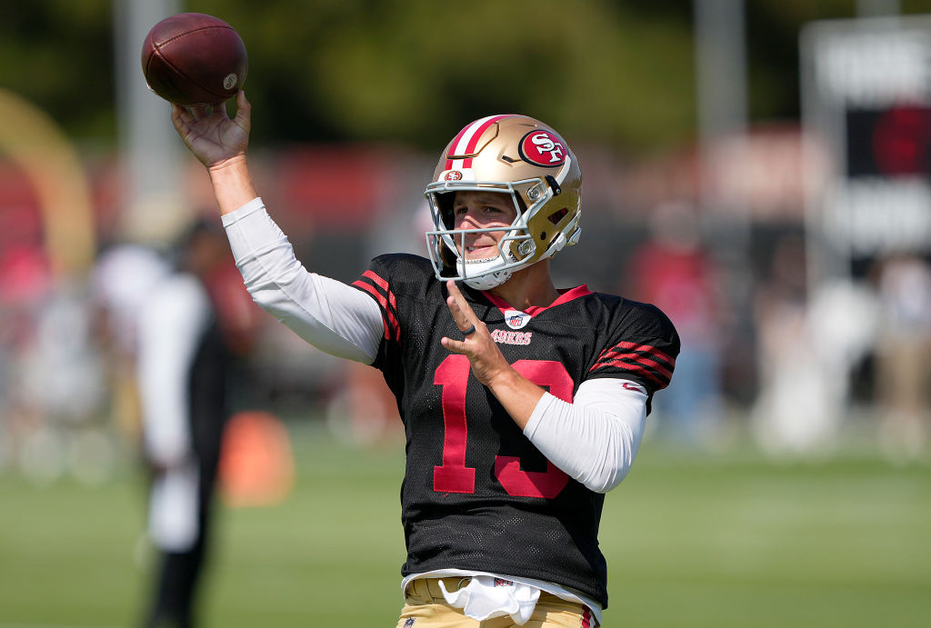 SANTA CLARA, CALIFORNIA - JULY 29: Brock Purdy #13 of the San Francisco 49ers works out during trai...