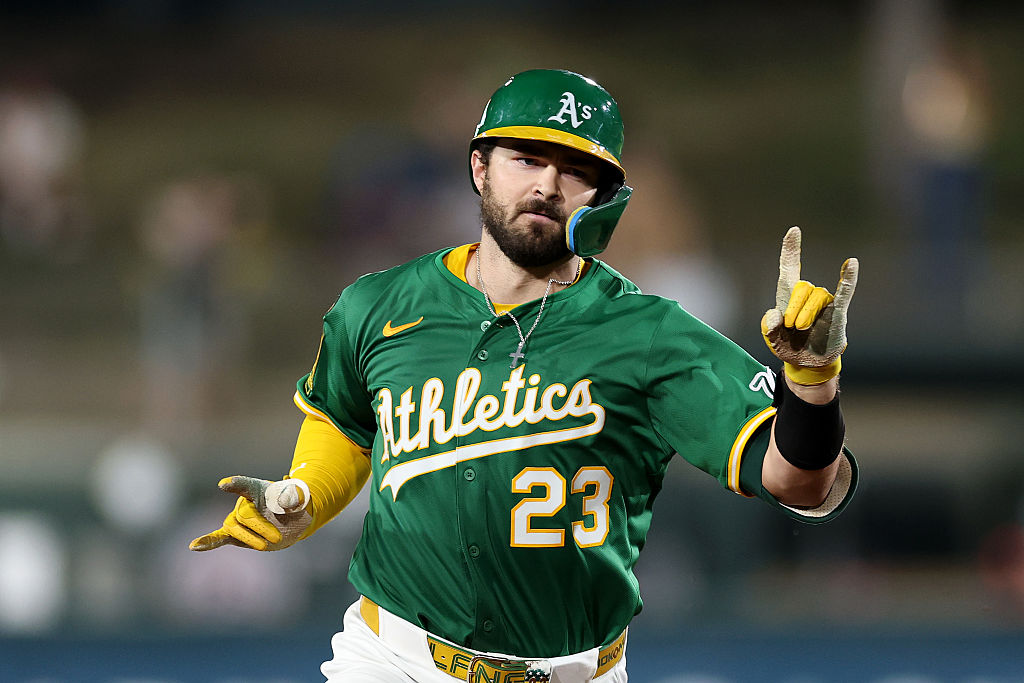 SACRAMENTO, CALIFORNIA - AUGUST 25: Shea Langeliers #23 of the Athletics rounds the bases after he ...