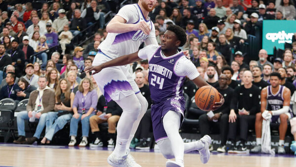 SALT LAKE CITY, UT - FEBRUARY 11: Isaiah Stevens #24 of the Sacramento Kings makes a move around Jusuf Nurkic #30 of the Utah Jazz during the first half of their game at the Delta Center on February 11, 2026 in Salt Lake City, Utah. NOTE TO USER: User expressly acknowledges and agrees that, by downloading and or using this photograph, User is consenting to the terms and conditions of the Getty Images License Agreement.(Photo by Chris Gardner/Getty Images)