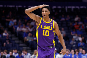 NASHVILLE, TENNESSEE - MARCH 11: Marquel Sutton #10 of the LSU Tigers reacts against the Kentucky Wildcats during the second half in the first round of the 2026 SEC Men's Basketball Tournament at Bridgestone Arena on March 11, 2026 in Nashville, Tennessee. (Photo by Johnnie Izquierdo/Getty Images)