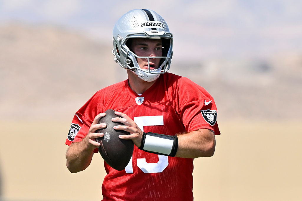 HENDERSON, NEVADA - MAY 02: Fernando Mendoza #15 of the Las Vegas Raiders looks to pass during the ...