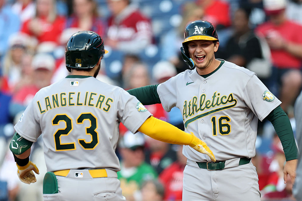 PHILADELPHIA, PENNSYLVANIA - MAY 07: Shea Langeliers #23 of the Athletics celebrates a two-run home...