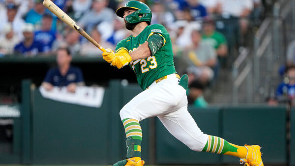 SACRAMENTO, CALIFORNIA - JULY 01: Shea Langeliers #23 of the Athletics hits a solo home run against the Los Angeles Dodgers in the bottom of the fifth inning at Sutter Health Park on July 01, 2026 in Sacramento, California. (Photo by Thearon W. Henderson/Getty Images)