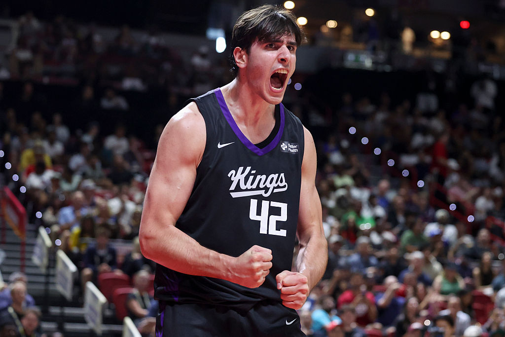 Maxime Raynaud #42 of the Sacramento Kings yells after making a basket while being fouled against t...