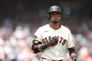 SAN FRANCISCO, CALIFORNIA - JULY 12: Luis Arraez #1 of the San Francisco Giants walks up to the batters box against the Colorado Rockies at Oracle Park on July 12, 2026 in San Francisco, California. (Photo by Ezra Shaw/Getty Images)