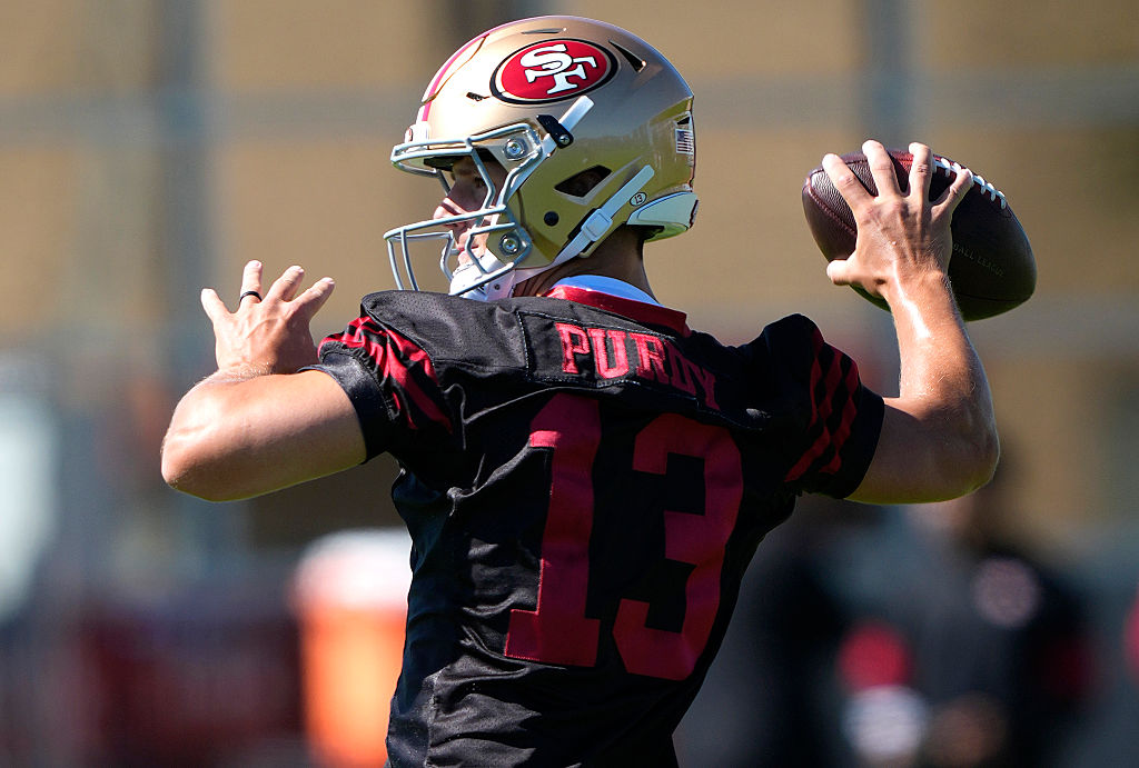 SANTA CLARA, CALIFORNIA - JULY 27: Brock Purdy #13 of the San Francisco 49ers works out during trai...