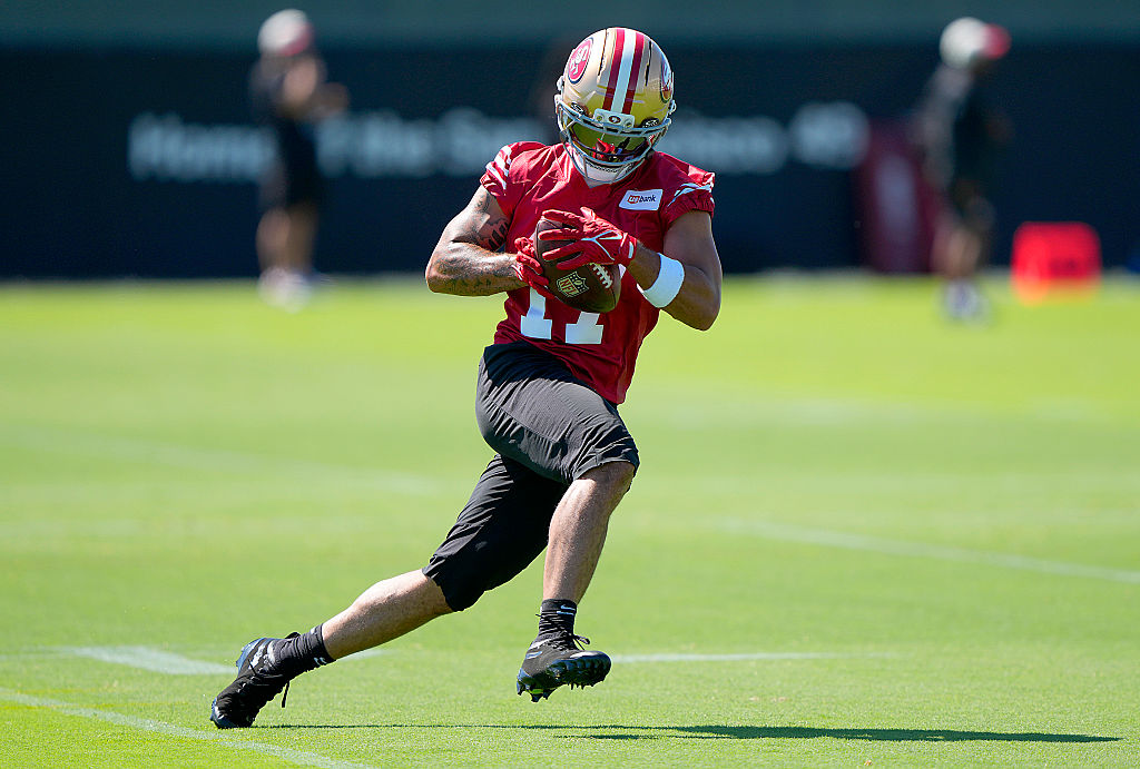 SANTA CLARA, CALIFORNIA - JULY 27: Jordan Watkins #17 of the San Francisco 49ers works out during t...