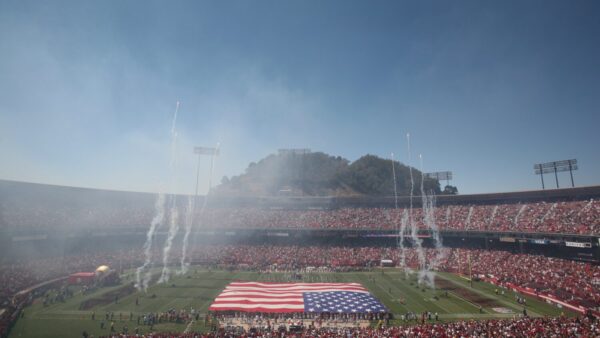 SAN FRANCISCO - SEPTEMBER 7: General view with American Flag before the San Francisco 49ers game against the Arizona Cardinals on September 7, 2008 at Bill Walsh Field at Candlestick Park in San Francisco, California. (Photo by Jed Jacobsohn/Getty Images)