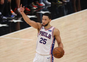 ATLANTA, GEORGIA - JUNE 14: Ben Simmons #25 of the Philadelphia 76ers calls out to his teammates against the Atlanta Hawks during the first half of game 4 of the Eastern Conference Semifinals at State Farm Arena on June 14, 2021 in Atlanta, Georgia. NOTE TO USER: User expressly acknowledges and agrees that, by downloading and or using this photograph, User is consenting to the terms and conditions of the Getty Images License Agreement. (Photo by Kevin C. Cox/Getty Images)