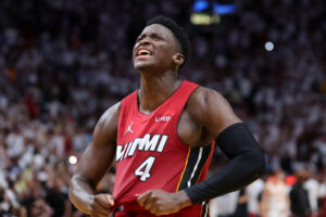 MIAMI, FLORIDA - APRIL 26: Victor Oladipo #4 of the Miami Heat celebrates after defeating the Atlanta Hawks 97-94 in Game Five of the Eastern Conference First Round to advance at FTX Arena on April 26, 2022 in Miami, Florida. NOTE TO USER: User expressly acknowledges and agrees that, by downloading and or using this photograph, User is consenting to the terms and conditions of the Getty Images License Agreement. (Photo by Michael Reaves/Getty Images)