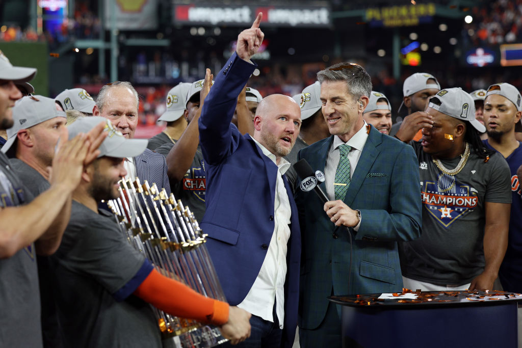 HOUSTON, TEXAS - NOVEMBER 05: General Manager James Click of the Houston Astros speaks with Kevin B...