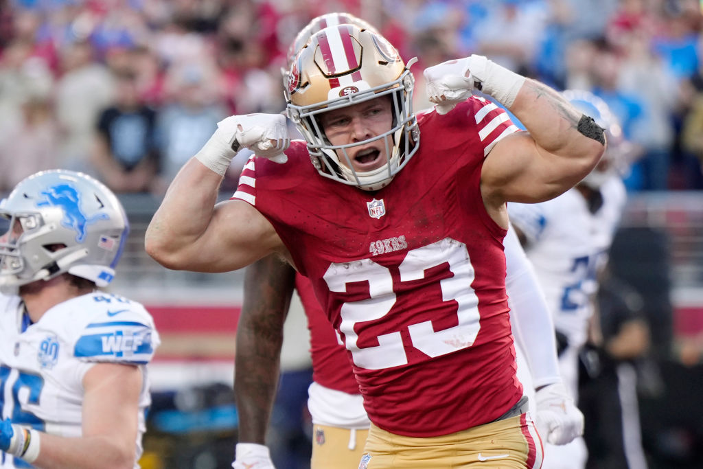 SANTA CLARA, CALIFORNIA - JANUARY 28: Christian McCaffrey #23 of the San Francisco 49ers celebrates...