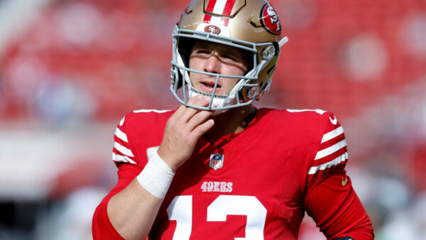 SANTA CLARA, CALIFORNIA - NOVEMBER 17: Brock Purdy #13 of the San Francisco 49ers looks on during warmups before a game against the Seattle Seahawks at Levi's Stadium on November 17, 2024 in Santa Clara, California. (Photo by Lachlan Cunningham/Getty Images)