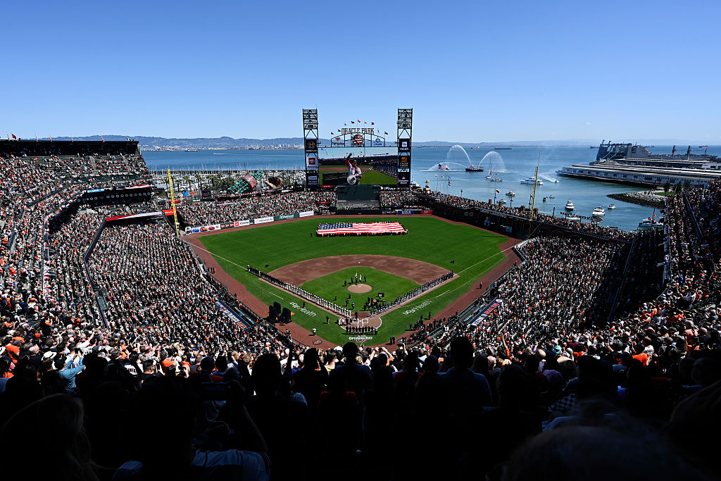 SAN FRANCISCO, CALIFORNIA - APRIL 04: A general view of the ballpark during the National Anthem bef...