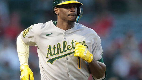 ANAHEIM, CALIFORNIA - JUNE 09: Denzel Clarke #1 of the Athletics runs on a ground out against the Los Angeles Angels in the sixth inning at Angel Stadium of Anaheim on June 09, 2025 in Anaheim, California. (Photo by Ronald Martinez/Getty Images)