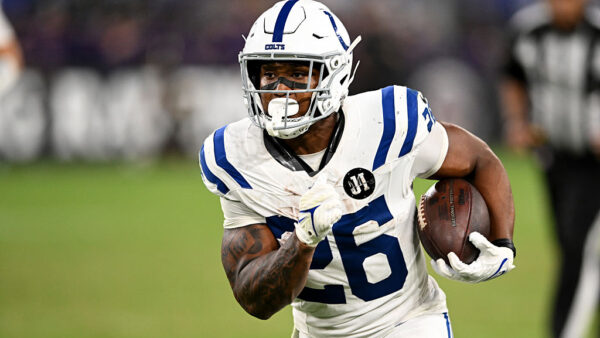 BALTIMORE, MARYLAND - AUGUST 07: Khalil Herbert #26 of the Indianapolis Colts rushes the ball in the fourth quarter against the Baltimore Ravens during the NFL Preseason 2025 game at M&T Bank Stadium on August 07, 2025 in Baltimore, Maryland. (Photo by Greg Fiume/Getty Images) 49ers