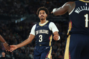 MELBOURNE, AUSTRALIA - OCTOBER 03: Jordan Poole of the Pelicans celebrates a basket during the NBAxNBL match between Melbourne United and New Orleans Pelicans at Rod Laver Arena on October 03, 2025 in Melbourne, Australia. (Photo by Daniel Pockett/Getty Images)