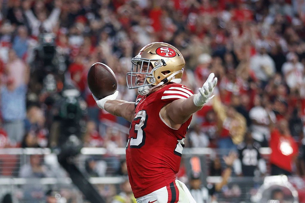 SANTA CLARA, CALIFORNIA - OCTOBER 19: Christian McCaffrey #23 of the San Francisco 49ers celebrates after scoring a rushing touchdown against the Atlanta Falcons during the second quarter in the game at Levi's Stadium on October 19, 2025 in Santa Clara, California. (Photo by Lachlan Cunningham/Getty Images)