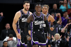 SACRAMENTO, CALIFORNIA - OCTOBER 24: Dennis Schröder #17, Zach Lavine #8 and Russell Westbrook #18 of the Sacramento Kings react after they beat the Utah Jazz at Golden 1 Center on October 24, 2025 in Sacramento, California. NOTE TO USER: User expressly acknowledges and agrees that, by downloading and/or using this photograph, user is consenting to the terms and conditions of the Getty Images License Agreement. (Photo by Ezra Shaw/Getty Images)