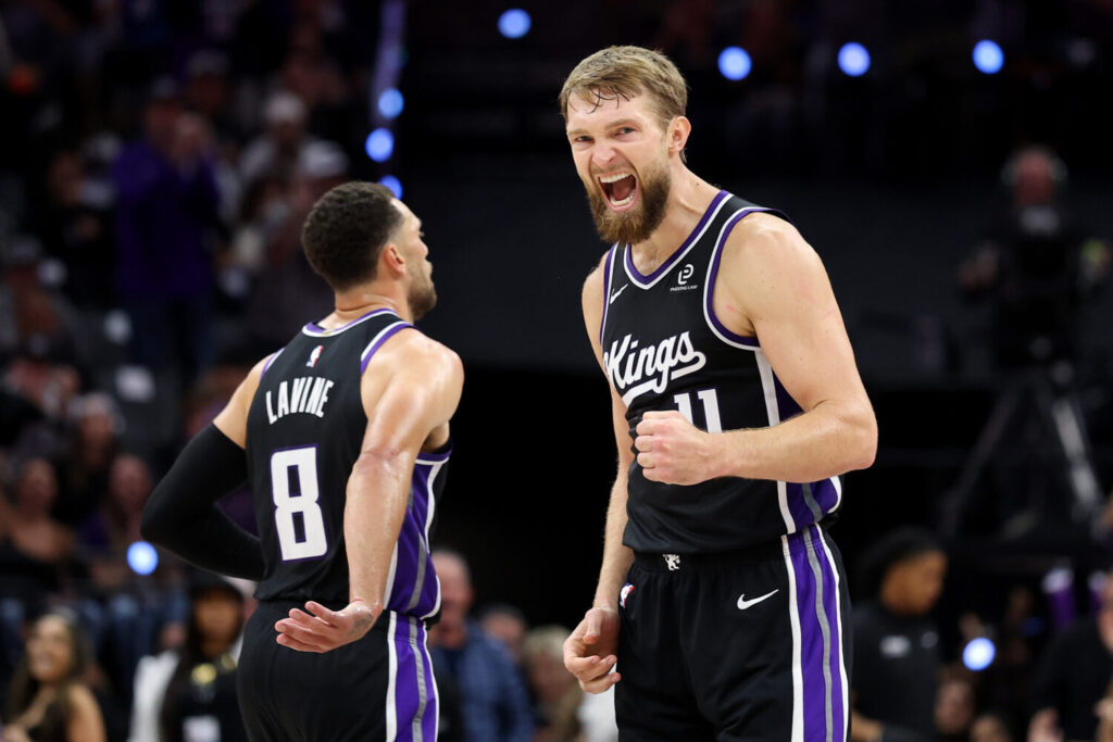 SACRAMENTO, CALIFORNIA - OCTOBER 24: Domantas Sabonis #11 of the Sacramento Kings reacts after the Kings made a basket against the Utah Jazz during the second half at Golden 1 Center on October 24, 2025 in Sacramento, California. NOTE TO USER: User expressly acknowledges and agrees that, by downloading and/or using this photograph, user is consenting to the terms and conditions of the Getty Images License Agreement. (Photo by Ezra Shaw/Getty Images)