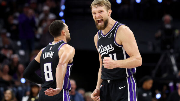 SACRAMENTO, CALIFORNIA - OCTOBER 24: Domantas Sabonis #11 of the Sacramento Kings reacts after the Kings made a basket against the Utah Jazz during the second half at Golden 1 Center on October 24, 2025 in Sacramento, California. NOTE TO USER: User expressly acknowledges and agrees that, by downloading and/or using this photograph, user is consenting to the terms and conditions of the Getty Images License Agreement. (Photo by Ezra Shaw/Getty Images)
