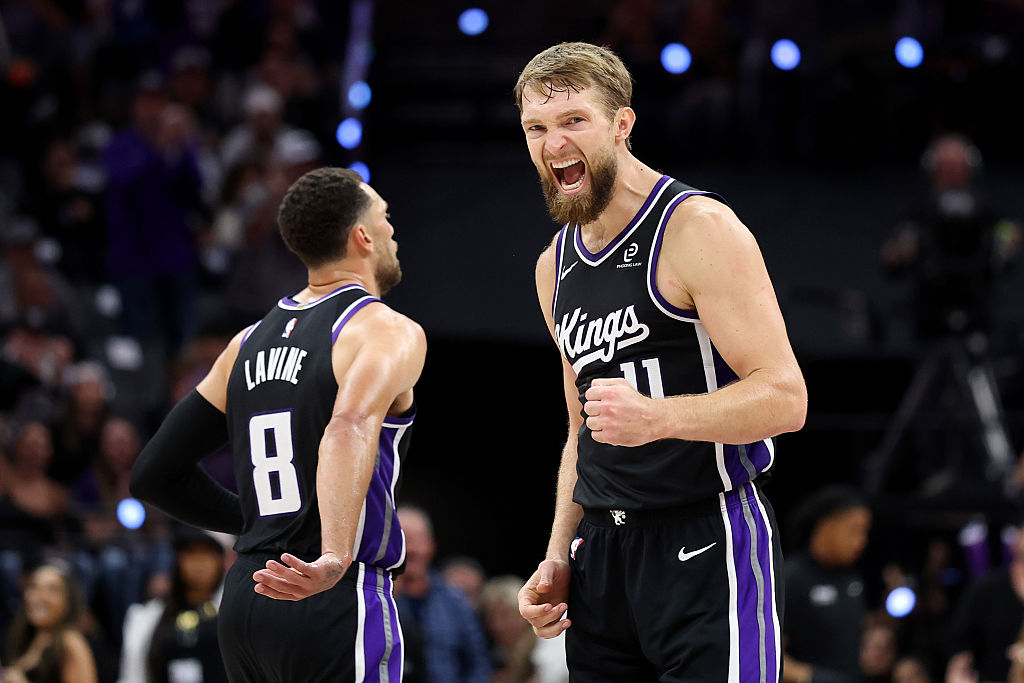 SACRAMENTO, CALIFORNIA - OCTOBER 24: Domantas Sabonis #11 of the Sacramento Kings reacts after the Kings made a basket against the Utah Jazz during the second half at Golden 1 Center on October 24, 2025 in Sacramento, California. NOTE TO USER: User expressly acknowledges and agrees that, by downloading and/or using this photograph, user is consenting to the terms and conditions of the Getty Images License Agreement. (Photo by Ezra Shaw/Getty Images)