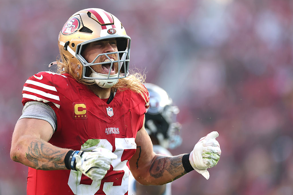 SANTA CLARA, CALIFORNIA - DECEMBER 14: George Kittle #85 of the San Francisco 49ers celebrates a first down against the Tennessee Titans during the third quarter at Levi's Stadium on December 14, 2025 in Santa Clara, California. (Photo by Ezra Shaw/Getty Images)