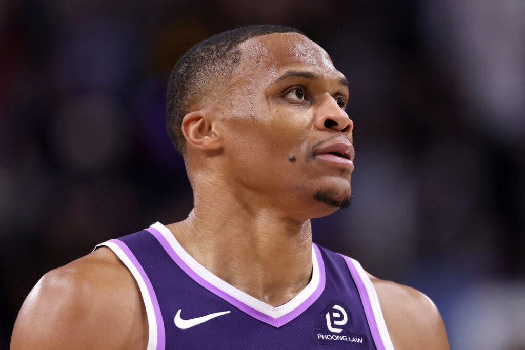 INGLEWOOD, CALIFORNIA - DECEMBER 30: Russell Westbrook #18 of the Sacramento Kings looks on against the Los Angeles Clippers at Intuit Dome on December 30, 2025 in Inglewood, California. NOTE TO USER: User expressly acknowledges and agrees that, by downloading and or using this photograph, user is consenting to the terms and conditions of the Getty Images License Agreement. (Photo by Luke Hales/Getty Images)