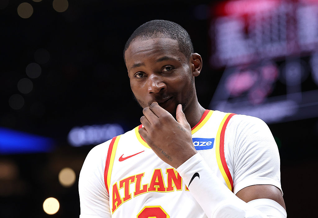 ATLANTA, GEORGIA - MARCH 01: Jonathan Kuminga #0 of the Atlanta Hawks reacts against the Portland Trail Blazers during the third quarter at State Farm Arena on March 01, 2026 in Atlanta, Georgia. NOTE TO USER: User expressly acknowledges and agrees that, by downloading and or using this photograph, User is consenting to the terms and conditions of the Getty Images License Agreement. (Photo by Kevin C. Cox/Getty Images)