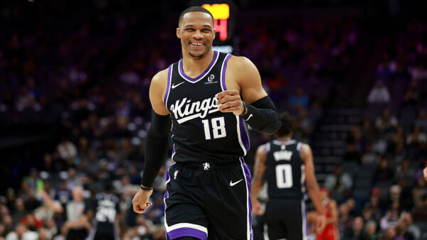 SACRAMENTO, CALIFORNIA - MARCH 05: Russell Westbrook #18 of the Sacramento Kings smiles during their game against the New Orleans Pelicans at Golden 1 Center on March 05, 2026 in Sacramento, California. NOTE TO USER: User expressly acknowledges and agrees that, by downloading and/or using this photograph, user is consenting to the terms and conditions of the Getty Images License Agreement. (Photo by Ezra Shaw/Getty Images)