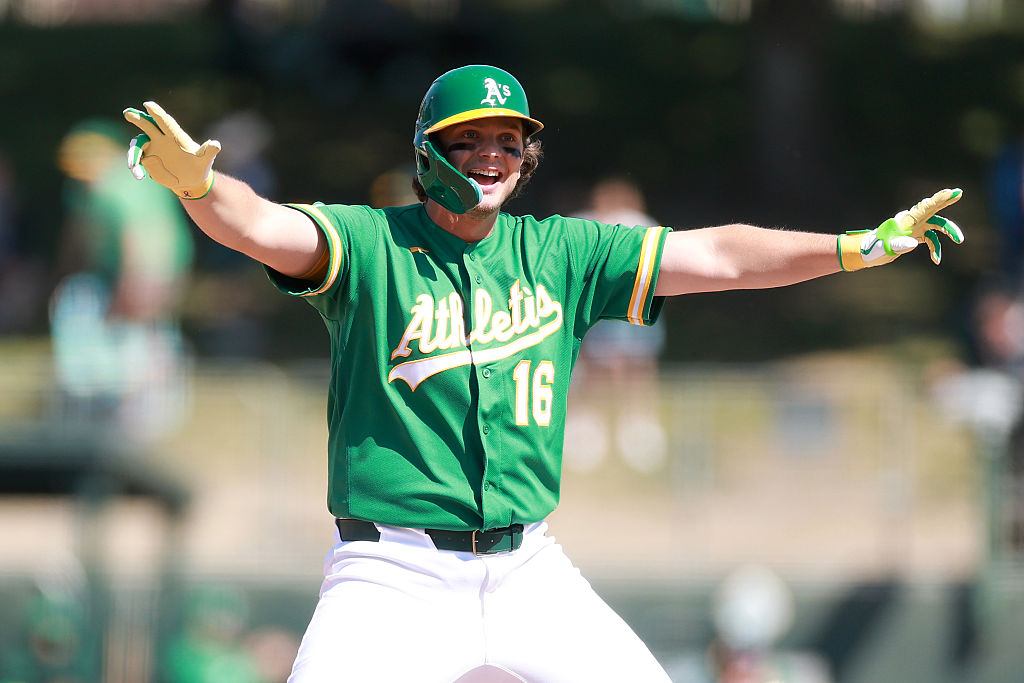 SACRAMENTO, CALIFORNIA - APRIL 16: Nick Kurtz #16 of the Athletics reacts after he hit a double tha...