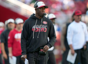 SANTA CLARA, CALIFORNIA - AUGUST 13: Defensive coordinator Raheem Morris of the San Francisco 49ers looks on from the sidelines against the Tennessee Titans in the first half at Levi's Stadium on August 13, 2026 in Santa Clara, California. (Photo by Thearon W. Henderson/Getty Images)
