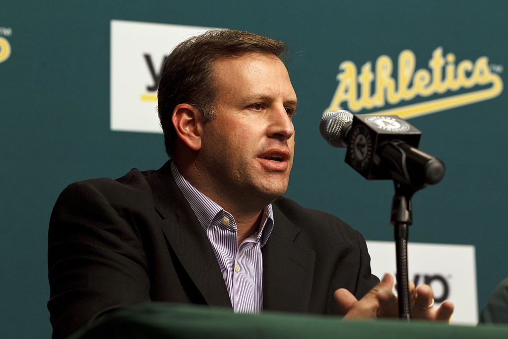 OAKLAND, CA - AUGUST 01: Assistant general manager David Forst of the Oakland Athletics speaks duri...