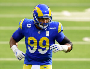 INGLEWOOD, CALIFORNIA - NOVEMBER 29: Los Angeles Rams defensive end Aaron Donald #99 lines up during a 23-20 San Francisco 49ers win at SoFi Stadium on November 29, 2020 in Inglewood, California. (Photo by Harry How/Getty Images)