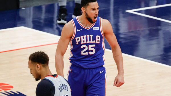 WASHINGTON, DC - MAY 31: Ben Simmons #25 of the Philadelphia 76ers celebrates during the first quarter against the Washington Wizards during Game Four of the Eastern Conference first round series at Capital One Arena on May 31, 2021 in Washington, DC. NOTE TO USER: User expressly acknowledges and agrees that, by downloading and or using this photograph, User is consenting to the terms and conditions of the Getty Images License Agreement. (Photo by Tim Nwachukwu/Getty Images)