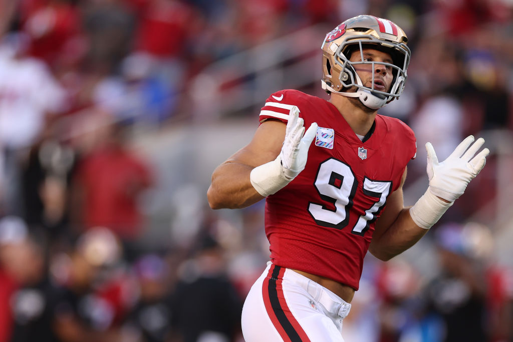 SANTA CLARA, CALIFORNIA - OCTOBER 03: Defensive end Nick Bosa #97 of the San Francisco 49ers celebr...