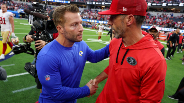 INGLEWOOD, CALIFORNIA - OCTOBER 30: Head coach Kyle Shanahan of the San Francisco 49ers shakes hands with head coach Sean McVay of the Los Angeles Rams after a game at SoFi Stadium on October 30, 2022 in Inglewood, California. (Photo by Harry How/Getty Images)