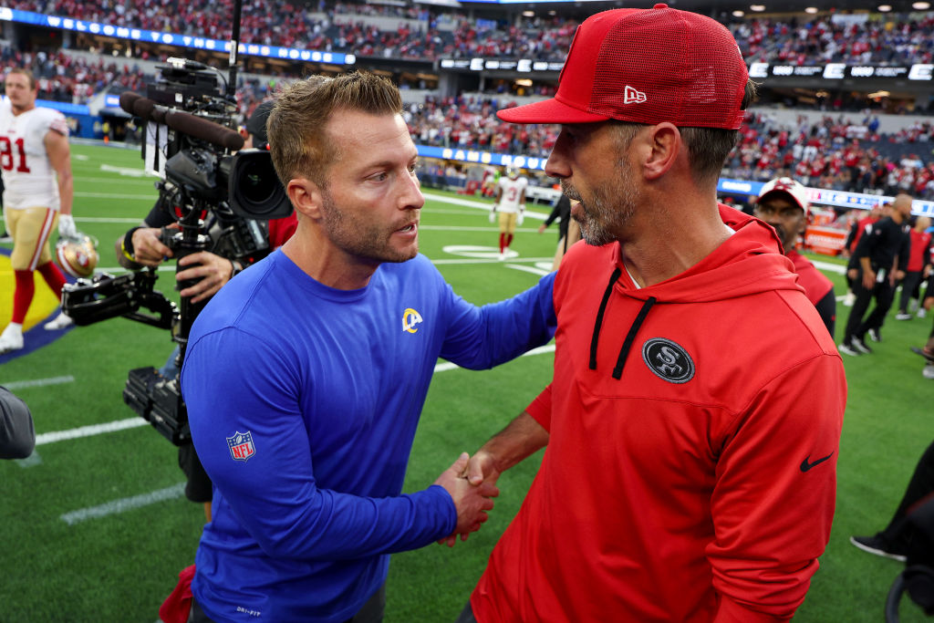 INGLEWOOD, CALIFORNIA - OCTOBER 30: Head coach Kyle Shanahan of the San Francisco 49ers shakes hands with head coach Sean McVay of the Los Angeles Rams after a game at SoFi Stadium on October 30, 2022 in Inglewood, California. (Photo by Harry How/Getty Images)