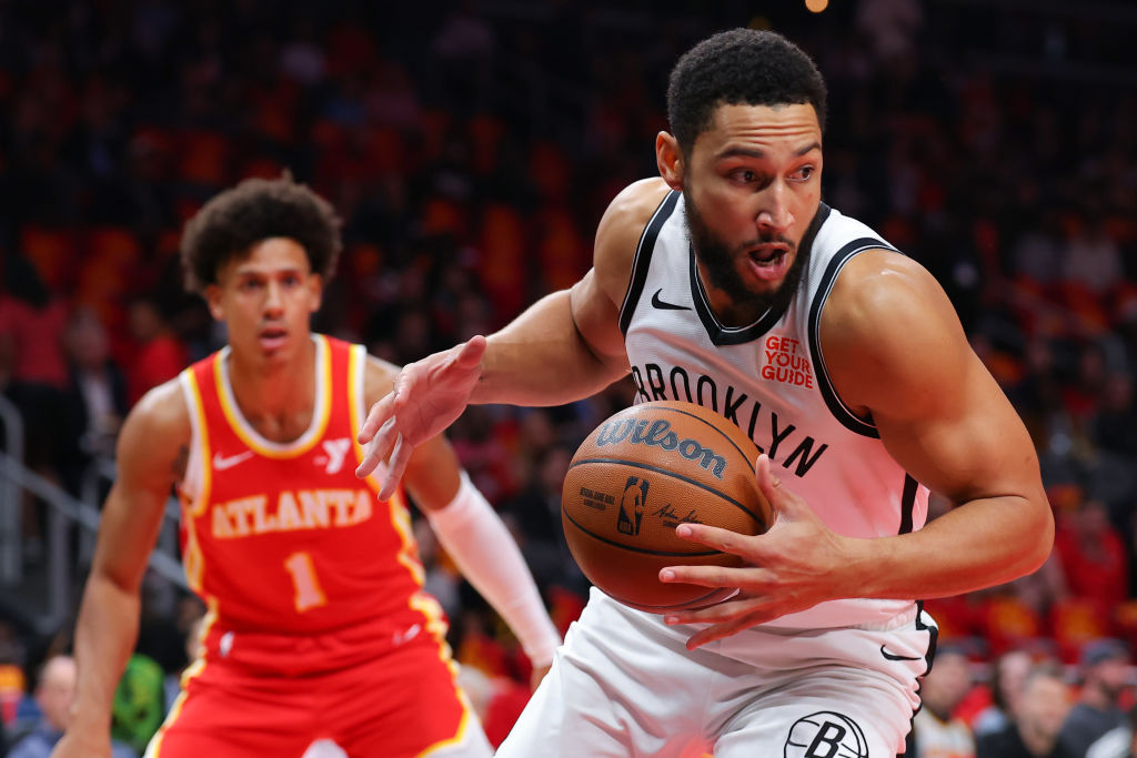 ATLANTA, GEORGIA - OCTOBER 23: Ben Simmons #10 of the Brooklyn Nets picks up a loose ball during the first quarter of the game against the Atlanta Hawks at State Farm Arena on October 23, 2024 in Atlanta, Georgia. NOTE TO USER: User expressly acknowledges and agrees that, by downloading and or using this photograph, User is consenting to the terms and conditions of the Getty Images License Agreement. (Photo by Kevin C. Cox/Getty Images)