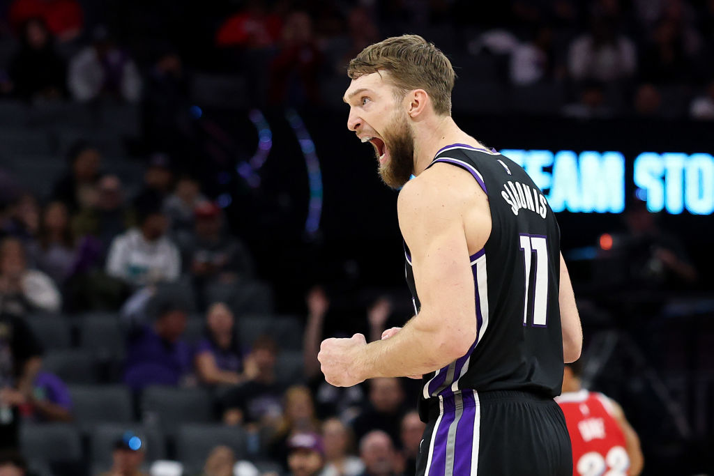 SACRAMENTO, CALIFORNIA - JANUARY 03: Domantas Sabonis #11 of the Sacramento Kings reacts after the Kings made a basket against the Memphis Grizzlies in the second half at Golden 1 Center on January 03, 2025 in Sacramento, California. NOTE TO USER: User expressly acknowledges and agrees that, by downloading and/or using this photograph, user is consenting to the terms and conditions of the Getty Images License Agreement. (Photo by Ezra Shaw/Getty Images)