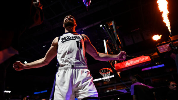 SACRAMENTO, CALIFORNIA - JANUARY 06: Domantas Sabonis #11 of the Sacramento Kings is introduced as a starter before a game against the Miami Heat at Chase Center on January 05, 2025 in San Francisco, California. NOTE TO USER: User expressly acknowledges and agrees that, by downloading and or using this photograph, User is consenting to the terms and conditions of the Getty Images License Agreement. (Photo by Eakin Howard/Getty Images)