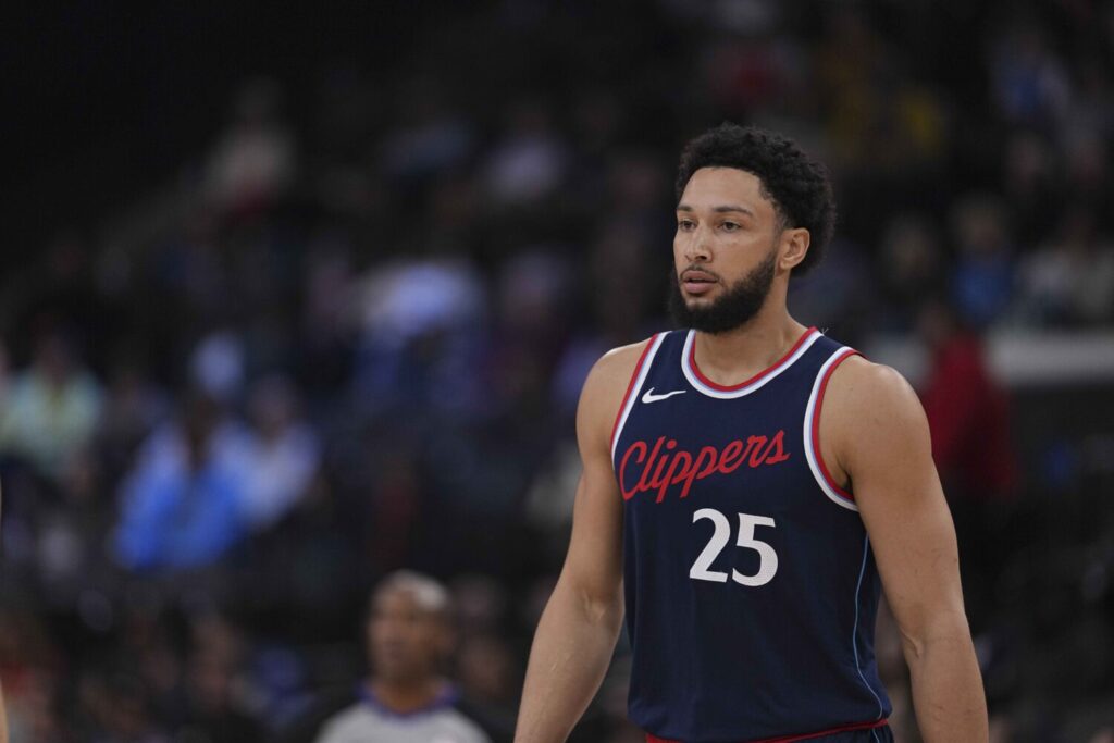 INGLEWOOD, CALIFORNIA - APRIL 02: Ben Simmons #25 of the LA Clippers looks on against the New Orleans Pelicans during the first half of a game at Intuit Dome on April 02, 2025 in Inglewood, California. (Photo by Michael Owens/Getty Images)