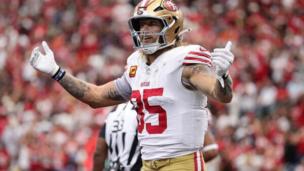 HOUSTON, TEXAS - OCTOBER 26: George Kittle #85 of the San Francisco 49ers celebrates after scoring a touchdown in the second quarter of the game against the Houston Texans at NRG Stadium on October 26, 2025 in Houston, Texas. (Photo by Alex Slitz/Getty Images)