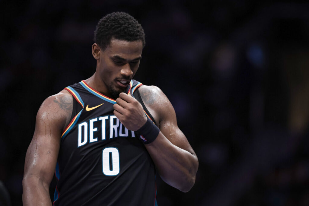 CHARLOTTE, NORTH CAROLINA - APRIL 10: Jalen Duren #0 of the Detroit Pistons looks on during the first half of a basketball game against the Charlotte Hornets at Spectrum Center on April 10, 2026 in Charlotte, North Carolina. NOTE TO USER: User expressly acknowledges and agrees that, by downloading and or using this photograph, User is consenting to the terms and conditions of the Getty Images License Agreement. (Photo by David Jensen/Getty Images)